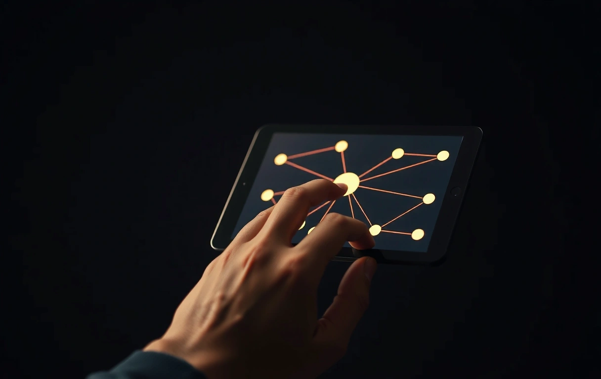 Mano che interagisce con una mappa di rete su tablet
